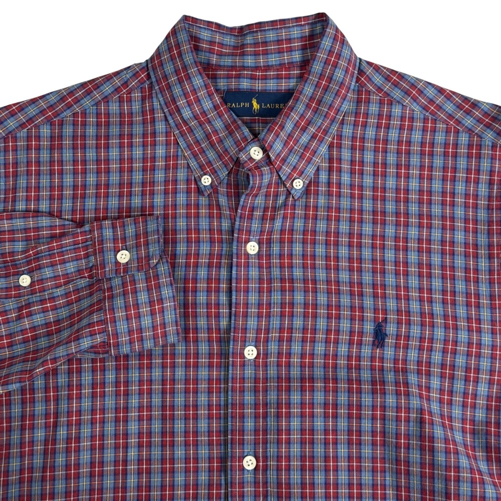 Ralph Lauren Plaid Cotton Button Down Shirt Long Sleeve Red Blue OCBD Mens L